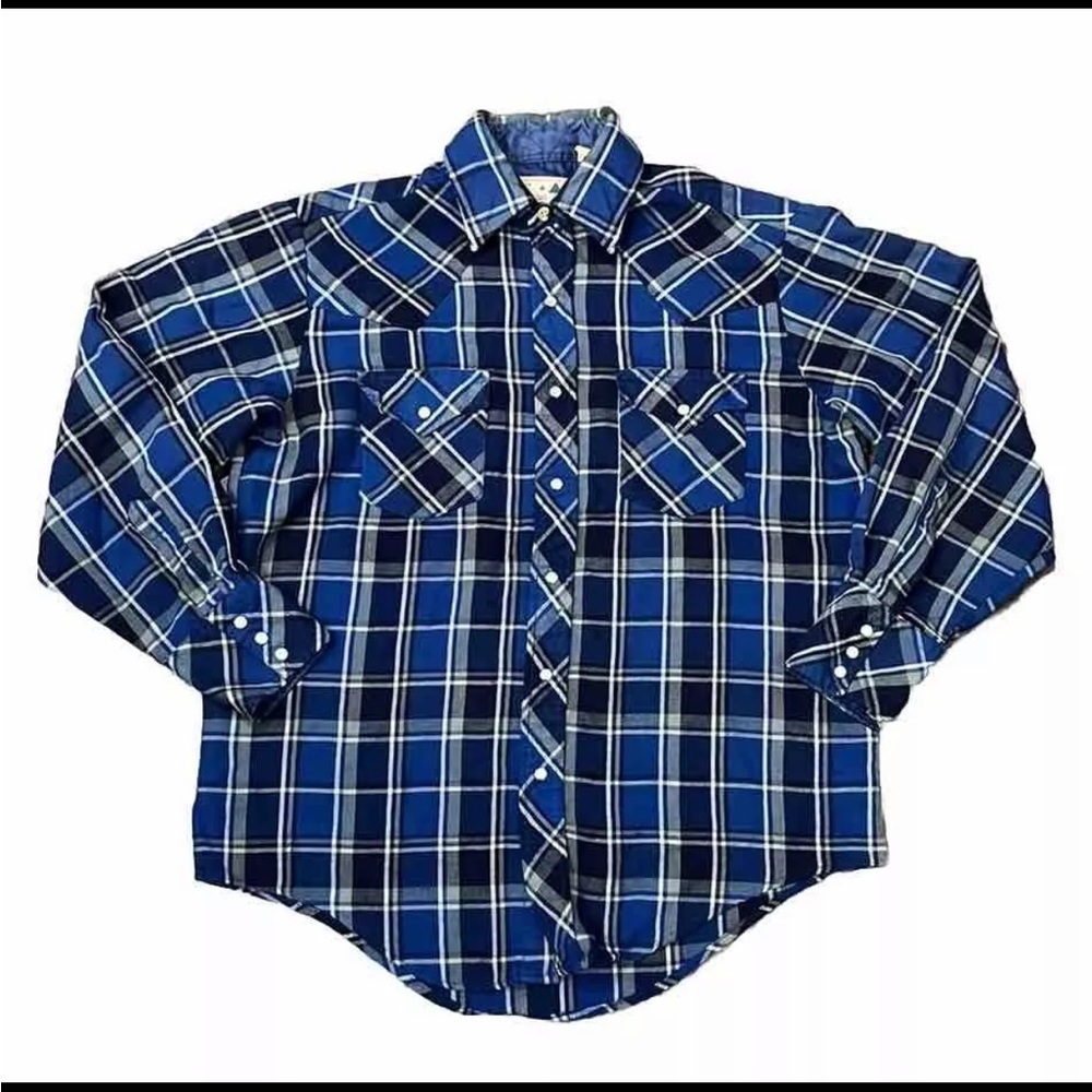 RUGGED WEAR by B.O.G Vintage Button Up Flannel Pearl Snaps- Men Size LARGE Blue‎